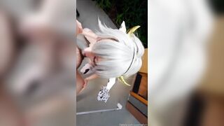 The busty Asian cosplayer got her pussy full of sticky sperm after riding her dildo