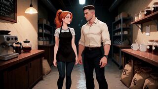 AI-generated cartoon. A redhead barista is having sex with a customer in the coffee shop's back room.