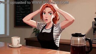 AI-generated cartoon. A redhead barista is having sex with a customer in the coffee shop's back room.