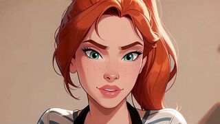 AI-generated cartoon. A redhead barista is having sex with a customer in the coffee shop's back room.